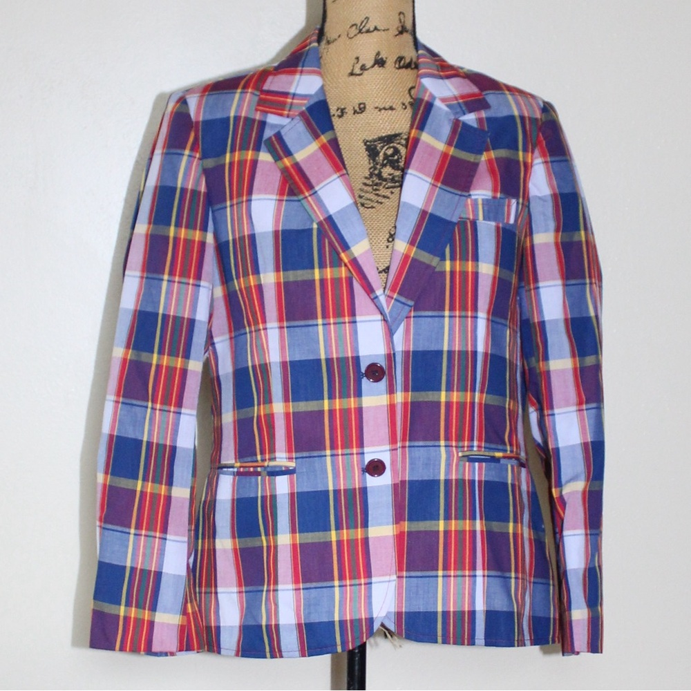 Vtg 80s Nordstrom Town Square Red Blue Yellow Plaid 2 Button Blazer Women’s M